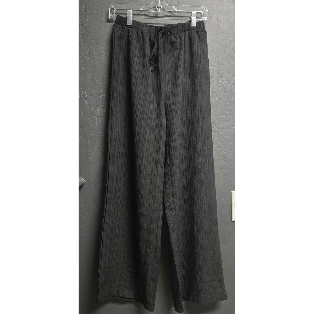 Black Plissé Wide Leg Drawstring Pants Textured Crinkle Trousers Medium